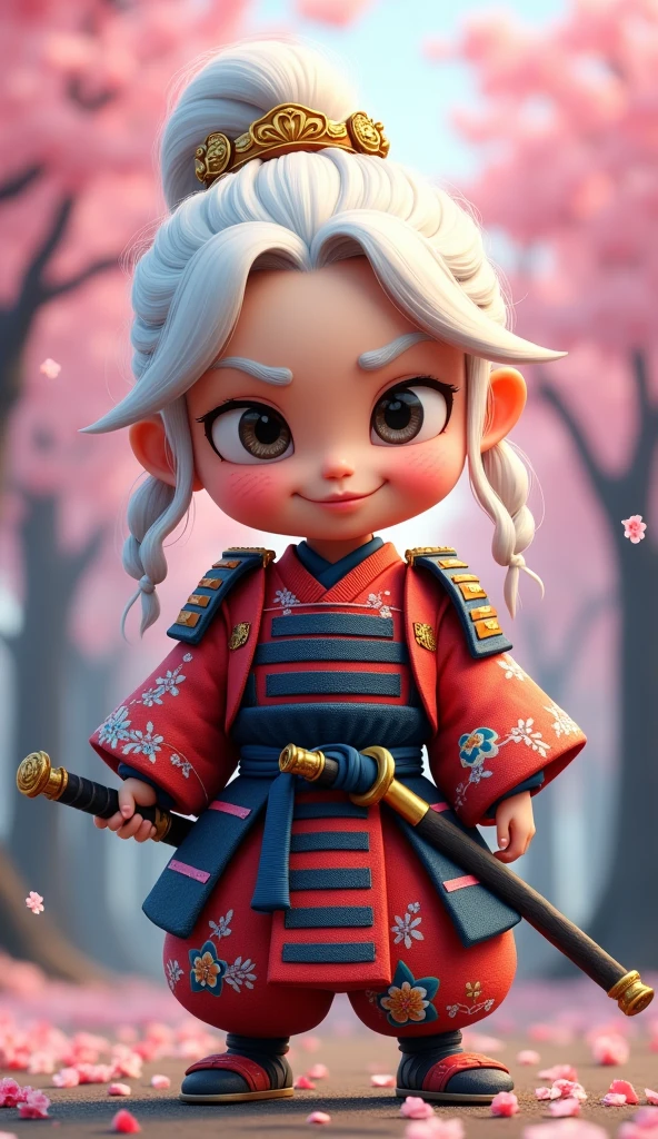 Create a proud cartoon caricature of a white hair girl as a samurai, depicted from multiple angles. The character should showcase a confident and determined expression with exaggerated features that highlight her personality. Display her in traditional samurai armor, integrating vibrant colors and intricate patterns. Illustrate each angle—front, side, and back—so viewers can appreciate the details of her outfit and equipment, including a katana held in various poses. The background should feature elements like cherry blossom trees, creating a cohesive cultural theme. This multi-angle presentation should vividly capture the essence of a playful yet strong warrior.