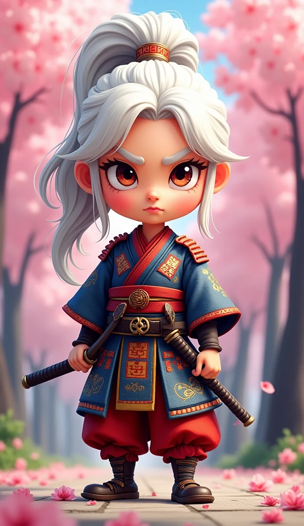 Create a proud cartoon caricature of a white hair girl as a samurai, depicted from multiple angles. The character should showcase a confident and determined expression with exaggerated features that highlight her personality. Display her in traditional samurai armor, integrating vibrant colors and intricate patterns. Illustrate each angle—front, side, and back—so viewers can appreciate the details of her outfit and equipment, including a katana held in various poses. The background should feature elements like cherry blossom trees, creating a cohesive cultural theme. This multi-angle presentation should vividly capture the essence of a playful yet strong warrior.