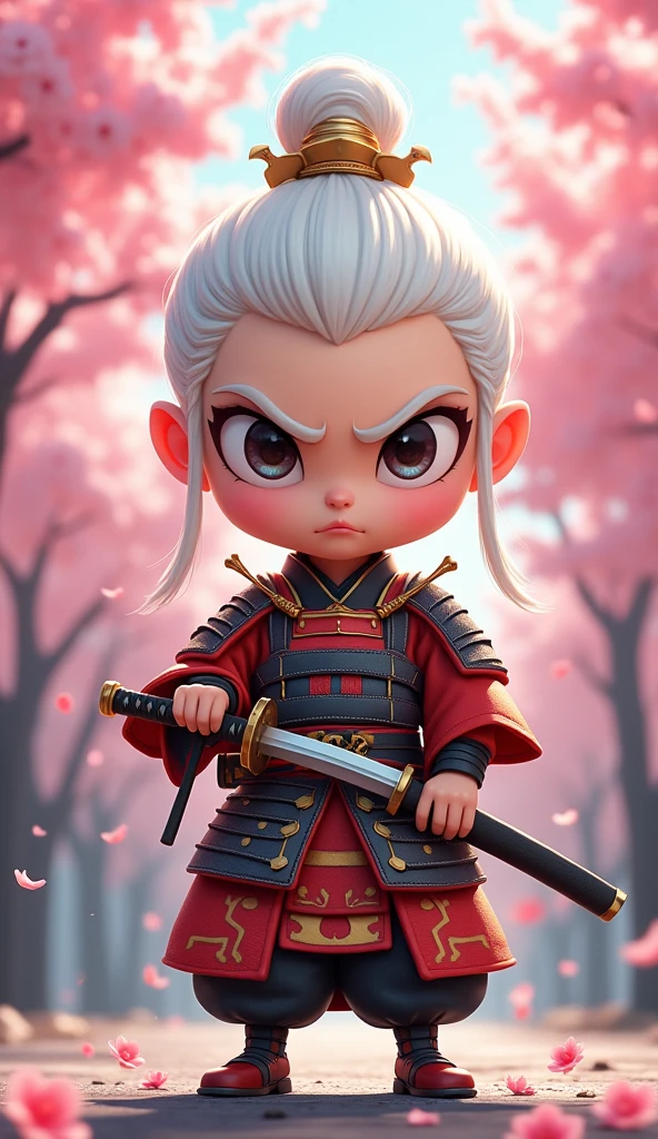 Create a proud cartoon caricature of a white hair girl as a samurai, depicted from multiple angles. The character should showcase a confident and determined expression with exaggerated features that highlight her personality. Display her in traditional samurai armor, integrating vibrant colors and intricate patterns. Illustrate each angle—front, side, and back—so viewers can appreciate the details of her outfit and equipment, including a katana held in various poses. The background should feature elements like cherry blossom trees, creating a cohesive cultural theme. This multi-angle presentation should vividly capture the essence of a playful yet strong warrior.