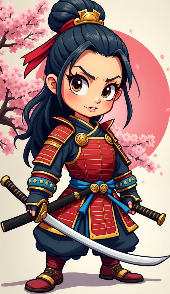 Create a proud cartoon caricature of a girl as a samurai, depicted from multiple angles. The character should showcase a confident and determined expression with exaggerated features that highlight her personality. Display her in traditional samurai armor, integrating vibrant colors and intricate patterns. Illustrate each angle—front, side, and back—so viewers can appreciate the details of her outfit and equipment, including a katana held in various poses. The background should feature elements like cherry blossom trees, creating a cohesive cultural theme. This multi-angle presentation should vividly capture the essence of a playful yet strong warrior.