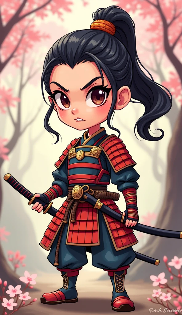 Create a proud cartoon caricature of a girl as a samurai, depicted from multiple angles. The character should showcase a confident and determined expression with exaggerated features that highlight her personality. Display her in traditional samurai armor, integrating vibrant colors and intricate patterns. Illustrate each angle—front, side, and back—so viewers can appreciate the details of her outfit and equipment, including a katana held in various poses. The background should feature elements like cherry blossom trees, creating a cohesive cultural theme. This multi-angle presentation should vividly capture the essence of a playful yet strong warrior.