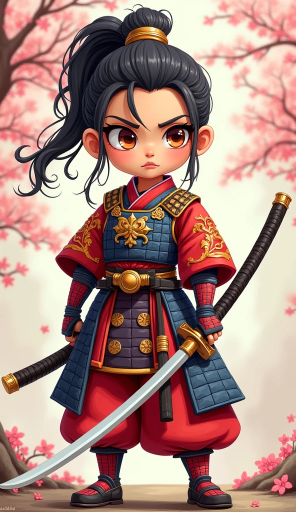 Create a proud cartoon caricature of a girl as a samurai, depicted from multiple angles. The character should showcase a confident and determined expression with exaggerated features that highlight her personality. Display her in traditional samurai armor, integrating vibrant colors and intricate patterns. Illustrate each angle—front, side, and back—so viewers can appreciate the details of her outfit and equipment, including a katana held in various poses. The background should feature elements like cherry blossom trees, creating a cohesive cultural theme. This multi-angle presentation should vividly capture the essence of a playful yet strong warrior.