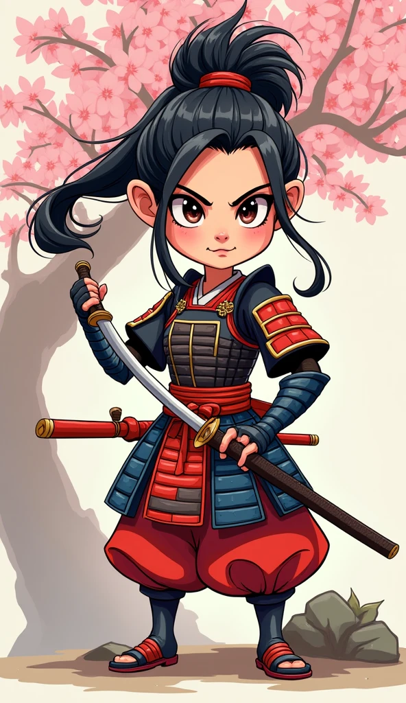 Create a proud cartoon caricature of a girl as a samurai, depicted from multiple angles. The character should showcase a confident and determined expression with exaggerated features that highlight her personality. Display her in traditional samurai armor, integrating vibrant colors and intricate patterns. Illustrate each angle—front, side, and back—so viewers can appreciate the details of her outfit and equipment, including a katana held in various poses. The background should feature elements like cherry blossom trees, creating a cohesive cultural theme. This multi-angle presentation should vividly capture the essence of a playful yet strong warrior.