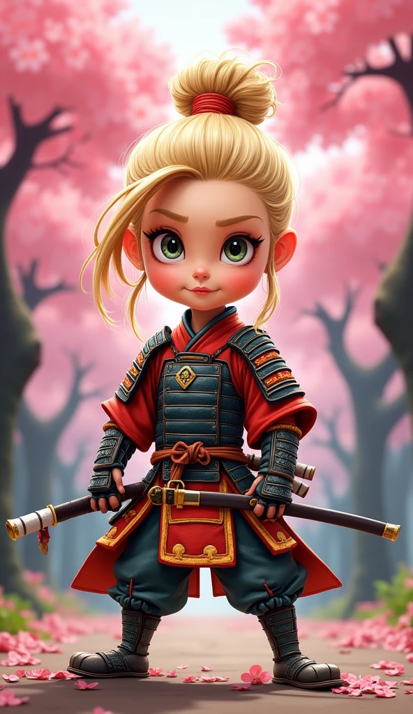 Create a proud cartoon caricature of a blond girl as a samurai. The character should have an expressive face showing confidence and determination, with large, exaggerated features to emphasize the cartoon style. She should be dressed in traditional samurai armor, adorned with vibrant colors and intricate patterns, and holding a katana with a fierce grip. The background can feature cherry blossom trees with petals gently falling around her, adding to the cultural essence. Aim for a playful yet strong representation, capturing the spirit of a warrior while keeping a whimsical and lively tone.