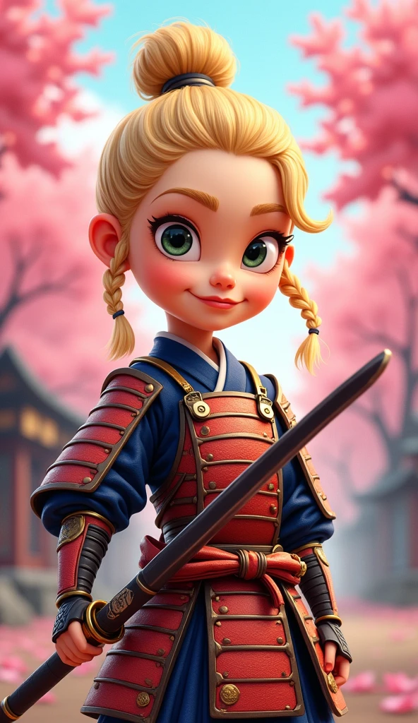 Create a proud cartoon caricature of a blond girl as a samurai. The character should have an expressive face showing confidence and determination, with large, exaggerated features to emphasize the cartoon style. She should be dressed in traditional samurai armor, adorned with vibrant colors and intricate patterns, and holding a katana with a fierce grip. The background can feature cherry blossom trees with petals gently falling around her, adding to the cultural essence. Aim for a playful yet strong representation, capturing the spirit of a warrior while keeping a whimsical and lively tone.