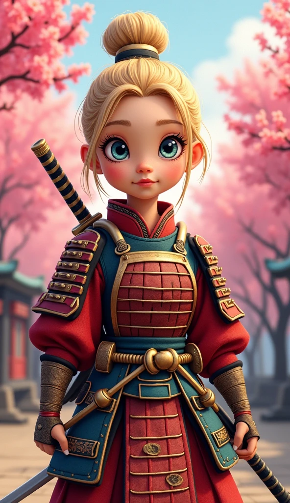 Create a proud cartoon caricature of a blond girl as a samurai. The character should have an expressive face showing confidence and determination, with large, exaggerated features to emphasize the cartoon style. She should be dressed in traditional samurai armor, adorned with vibrant colors and intricate patterns, and holding a katana with a fierce grip. The background can feature cherry blossom trees with petals gently falling around her, adding to the cultural essence. Aim for a playful yet strong representation, capturing the spirit of a warrior while keeping a whimsical and lively tone.