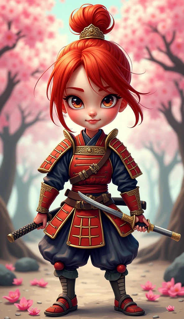 Create a proud cartoon caricature of a red hair girl as a samurai. The character should have an expressive face showing confidence and determination, with large, exaggerated features to emphasize the cartoon style. She should be dressed in traditional samurai armor, adorned with vibrant colors and intricate patterns, and holding a katana with a fierce grip. The background can feature cherry blossom trees with petals gently falling around her, adding to the cultural essence. Aim for a playful yet strong representation, capturing the spirit of a warrior while keeping a whimsical and lively tone.