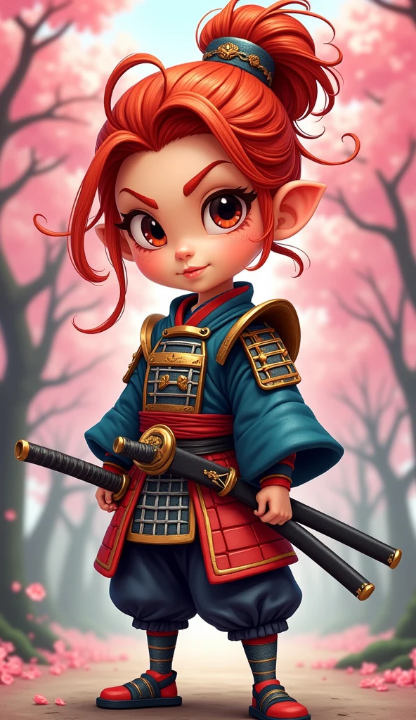 Create a proud cartoon caricature of a red hair girl as a samurai. The character should have an expressive face showing confidence and determination, with large, exaggerated features to emphasize the cartoon style. She should be dressed in traditional samurai armor, adorned with vibrant colors and intricate patterns, and holding a katana with a fierce grip. The background can feature cherry blossom trees with petals gently falling around her, adding to the cultural essence. Aim for a playful yet strong representation, capturing the spirit of a warrior while keeping a whimsical and lively tone.