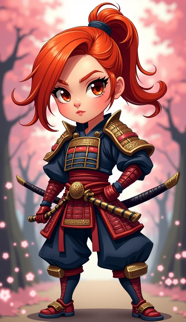 Create a proud cartoon caricature of a red hair girl as a samurai. The character should have an expressive face showing confidence and determination, with large, exaggerated features to emphasize the cartoon style. She should be dressed in traditional samurai armor, adorned with vibrant colors and intricate patterns, and holding a katana with a fierce grip. The background can feature cherry blossom trees with petals gently falling around her, adding to the cultural essence. Aim for a playful yet strong representation, capturing the spirit of a warrior while keeping a whimsical and lively tone.