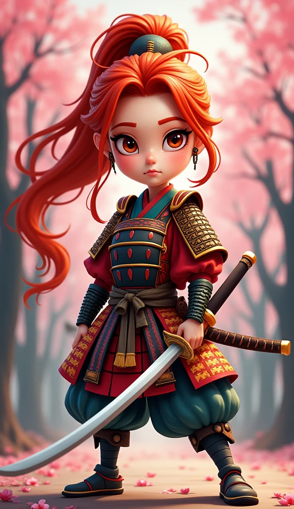 Create a proud cartoon caricature of a red hair girl as a samurai. The character should have an expressive face showing confidence and determination, with large, exaggerated features to emphasize the cartoon style. She should be dressed in traditional samurai armor, adorned with vibrant colors and intricate patterns, and holding a katana with a fierce grip. The background can feature cherry blossom trees with petals gently falling around her, adding to the cultural essence. Aim for a playful yet strong representation, capturing the spirit of a warrior while keeping a whimsical and lively tone.