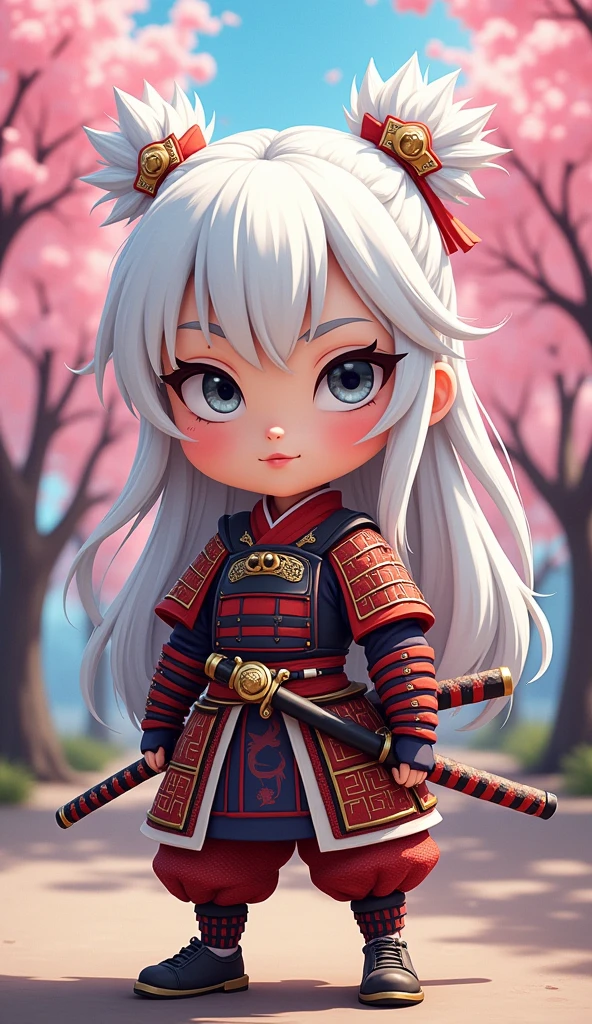 Create a proud cartoon caricature of a white hair girl as a samurai, depicted from multiple angles. The character should showcase a confident and determined expression with exaggerated features that highlight her personality. Display her in traditional samurai armor, integrating vibrant colors and intricate patterns. Illustrate each angle—front, side, and back—so viewers can appreciate the details of her outfit and equipment, including a katana held in various poses. The background should feature elements like cherry blossom trees, creating a cohesive cultural theme. This multi-angle presentation should vividly capture the essence of a playful yet strong warrior.