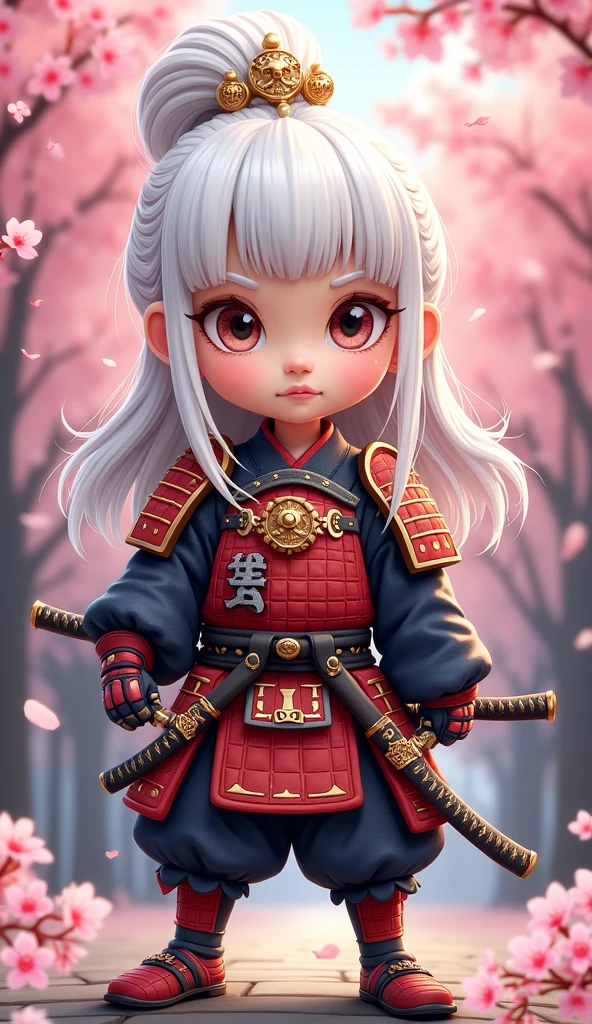 Create a proud cartoon caricature of a white hair girl as a samurai, depicted from multiple angles. The character should showcase a confident and determined expression with exaggerated features that highlight her personality. Display her in traditional samurai armor, integrating vibrant colors and intricate patterns. Illustrate each angle—front, side, and back—so viewers can appreciate the details of her outfit and equipment, including a katana held in various poses. The background should feature elements like cherry blossom trees, creating a cohesive cultural theme. This multi-angle presentation should vividly capture the essence of a playful yet strong warrior.