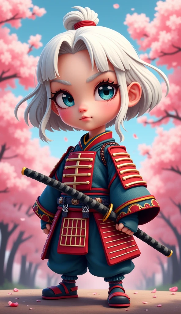 Create a proud cartoon caricature of a white hair girl as a samurai, depicted from multiple angles. The character should showcase a confident and determined expression with exaggerated features that highlight her personality. Display her in traditional samurai armor, integrating vibrant colors and intricate patterns. Illustrate each angle—front, side, and back—so viewers can appreciate the details of her outfit and equipment, including a katana held in various poses. The background should feature elements like cherry blossom trees, creating a cohesive cultural theme. This multi-angle presentation should vividly capture the essence of a playful yet strong warrior.