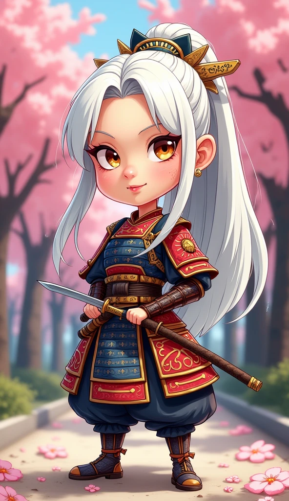 Create a proud cartoon caricature of a white hair girl as a samurai, depicted from multiple angles. The character should showcase a confident and determined expression with exaggerated features that highlight her personality. Display her in traditional samurai armor, integrating vibrant colors and intricate patterns. Illustrate each angle—front, side, and back—so viewers can appreciate the details of her outfit and equipment, including a katana held in various poses. The background should feature elements like cherry blossom trees, creating a cohesive cultural theme. This multi-angle presentation should vividly capture the essence of a playful yet strong warrior.