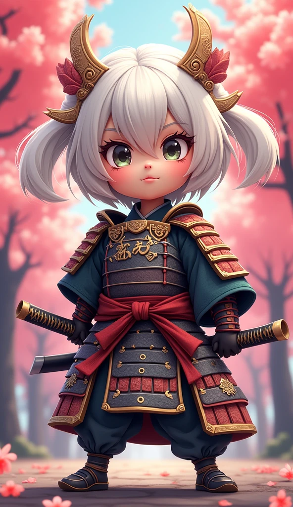 Create a proud cartoon caricature of a white hair girl as a samurai, depicted from multiple angles. The character should showcase a confident and determined expression with exaggerated features that highlight her personality. Display her in traditional samurai armor, integrating vibrant colors and intricate patterns. Illustrate each angle—front, side, and back—so viewers can appreciate the details of her outfit and equipment, including a katana held in various poses. The background should feature elements like cherry blossom trees, creating a cohesive cultural theme. This multi-angle presentation should vividly capture the essence of a playful yet strong warrior.