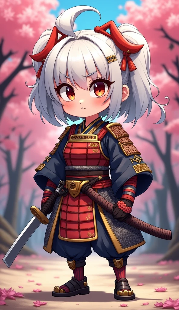 Create a proud cartoon caricature of a white hair girl as a samurai, depicted from multiple angles. The character should showcase a confident and determined expression with exaggerated features that highlight her personality. Display her in traditional samurai armor, integrating vibrant colors and intricate patterns. Illustrate each angle—front, side, and back—so viewers can appreciate the details of her outfit and equipment, including a katana held in various poses. The background should feature elements like cherry blossom trees, creating a cohesive cultural theme. This multi-angle presentation should vividly capture the essence of a playful yet strong warrior.