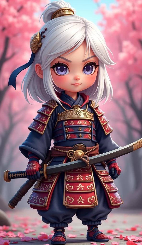 Create a proud cartoon caricature of a white hair girl as a samurai, depicted from multiple angles. The character should showcase a confident and determined expression with exaggerated features that highlight her personality. Display her in traditional samurai armor, integrating vibrant colors and intricate patterns. Illustrate each angle—front, side, and back—so viewers can appreciate the details of her outfit and equipment, including a katana held in various poses. The background should feature elements like cherry blossom trees, creating a cohesive cultural theme. This multi-angle presentation should vividly capture the essence of a playful yet strong warrior.