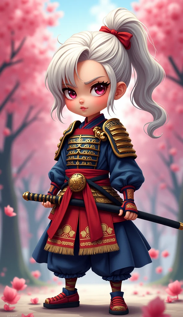 Create a proud cartoon caricature of a white hair girl as a samurai, depicted from multiple angles. The character should showcase a confident and determined expression with exaggerated features that highlight her personality. Display her in traditional samurai armor, integrating vibrant colors and intricate patterns. Illustrate each angle—front, side, and back—so viewers can appreciate the details of her outfit and equipment, including a katana held in various poses. The background should feature elements like cherry blossom trees, creating a cohesive cultural theme. This multi-angle presentation should vividly capture the essence of a playful yet strong warrior.