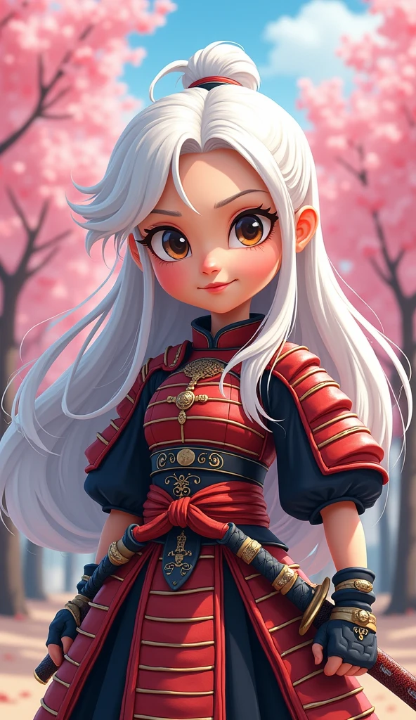 Create a proud cartoon caricature of a white hair girl as a samurai, depicted from multiple angles. The character should showcase a confident and determined expression with exaggerated features that highlight her personality. Display her in traditional samurai armor, integrating vibrant colors and intricate patterns. Illustrate each angle—front, side, and back—so viewers can appreciate the details of her outfit and equipment, including a katana held in various poses. The background should feature elements like cherry blossom trees, creating a cohesive cultural theme. This multi-angle presentation should vividly capture the essence of a playful yet strong warrior.