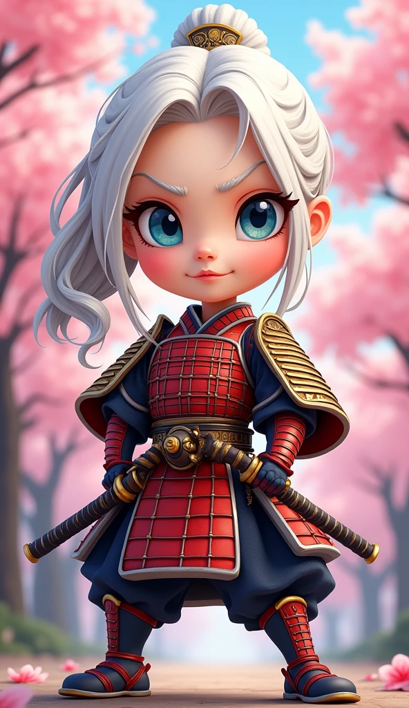 Create a proud cartoon caricature of a white hair girl as a samurai, depicted from multiple angles. The character should showcase a confident and determined expression with exaggerated features that highlight her personality. Display her in traditional samurai armor, integrating vibrant colors and intricate patterns. Illustrate each angle—front, side, and back—so viewers can appreciate the details of her outfit and equipment, including a katana held in various poses. The background should feature elements like cherry blossom trees, creating a cohesive cultural theme. This multi-angle presentation should vividly capture the essence of a playful yet strong warrior.