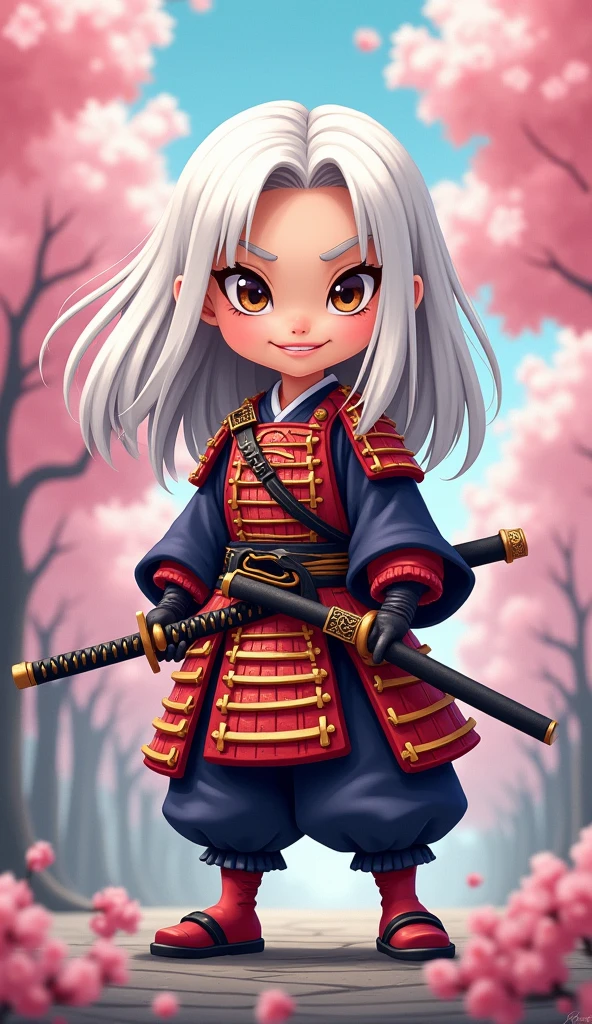 Create a proud cartoon caricature of a white hair girl as a samurai, depicted from multiple angles. The character should showcase a confident and determined expression with exaggerated features that highlight her personality. Display her in traditional samurai armor, integrating vibrant colors and intricate patterns. Illustrate each angle—front, side, and back—so viewers can appreciate the details of her outfit and equipment, including a katana held in various poses. The background should feature elements like cherry blossom trees, creating a cohesive cultural theme. This multi-angle presentation should vividly capture the essence of a playful yet strong warrior.