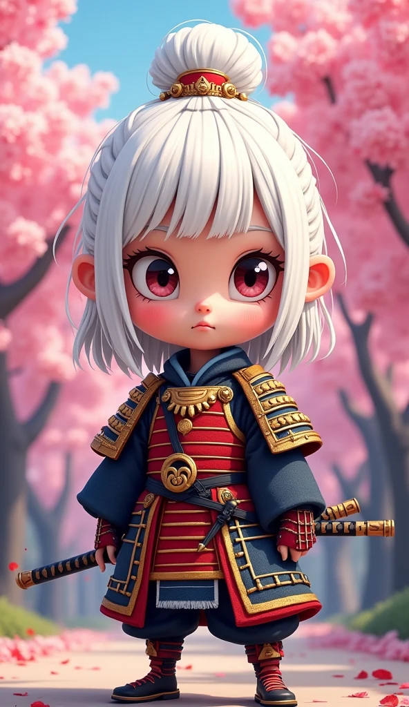 Create a proud cartoon caricature of a white hair girl as a samurai, depicted from multiple angles. The character should showcase a confident and determined expression with exaggerated features that highlight her personality. Display her in traditional samurai armor, integrating vibrant colors and intricate patterns. Illustrate each angle—front, side, and back—so viewers can appreciate the details of her outfit and equipment, including a katana held in various poses. The background should feature elements like cherry blossom trees, creating a cohesive cultural theme. This multi-angle presentation should vividly capture the essence of a playful yet strong warrior.