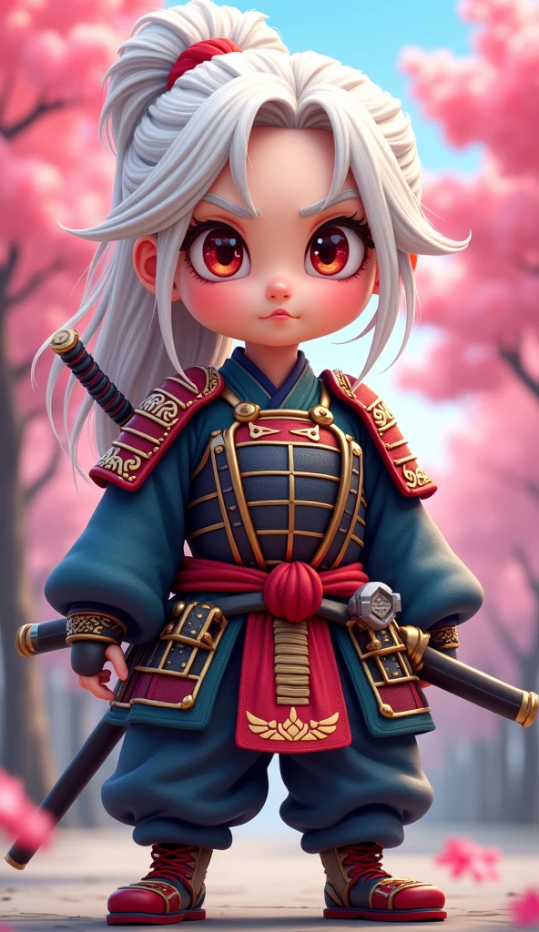 Create a proud cartoon caricature of a white hair girl as a samurai, depicted from multiple angles. The character should showcase a confident and determined expression with exaggerated features that highlight her personality. Display her in traditional samurai armor, integrating vibrant colors and intricate patterns. Illustrate each angle—front, side, and back—so viewers can appreciate the details of her outfit and equipment, including a katana held in various poses. The background should feature elements like cherry blossom trees, creating a cohesive cultural theme. This multi-angle presentation should vividly capture the essence of a playful yet strong warrior.