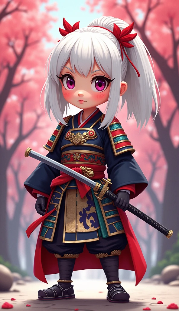 Create a proud cartoon caricature of a white hair girl as a samurai, depicted from multiple angles. The character should showcase a confident and determined expression with exaggerated features that highlight her personality. Display her in traditional samurai armor, integrating vibrant colors and intricate patterns. Illustrate each angle—front, side, and back—so viewers can appreciate the details of her outfit and equipment, including a katana held in various poses. The background should feature elements like cherry blossom trees, creating a cohesive cultural theme. This multi-angle presentation should vividly capture the essence of a playful yet strong warrior.