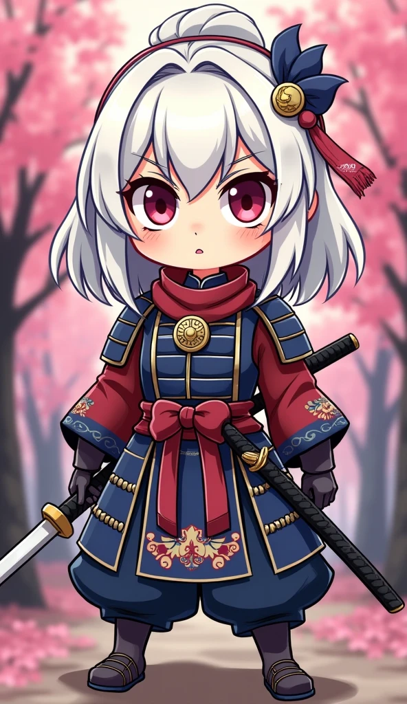 Create a proud cartoon caricature of a white hair girl as a samurai, depicted from multiple angles. The character should showcase a confident and determined expression with exaggerated features that highlight her personality. Display her in traditional samurai armor, integrating vibrant colors and intricate patterns. Illustrate each angle—front, side, and back—so viewers can appreciate the details of her outfit and equipment, including a katana held in various poses. The background should feature elements like cherry blossom trees, creating a cohesive cultural theme. This multi-angle presentation should vividly capture the essence of a playful yet strong warrior.