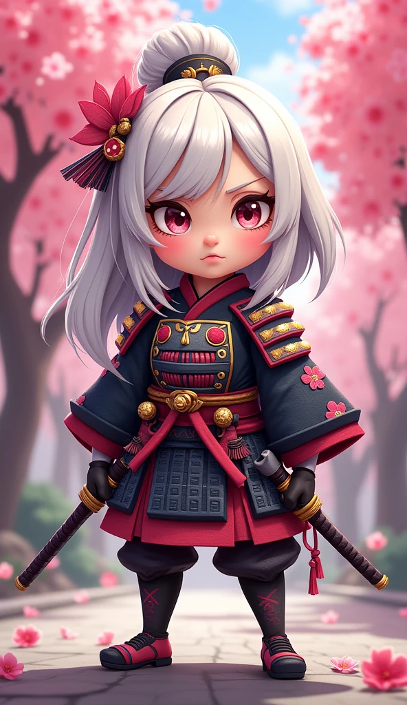 Create a proud cartoon caricature of a white hair girl as a samurai, depicted from multiple angles. The character should showcase a confident and determined expression with exaggerated features that highlight her personality. Display her in traditional samurai armor, integrating vibrant colors and intricate patterns. Illustrate each angle—front, side, and back—so viewers can appreciate the details of her outfit and equipment, including a katana held in various poses. The background should feature elements like cherry blossom trees, creating a cohesive cultural theme. This multi-angle presentation should vividly capture the essence of a playful yet strong warrior.