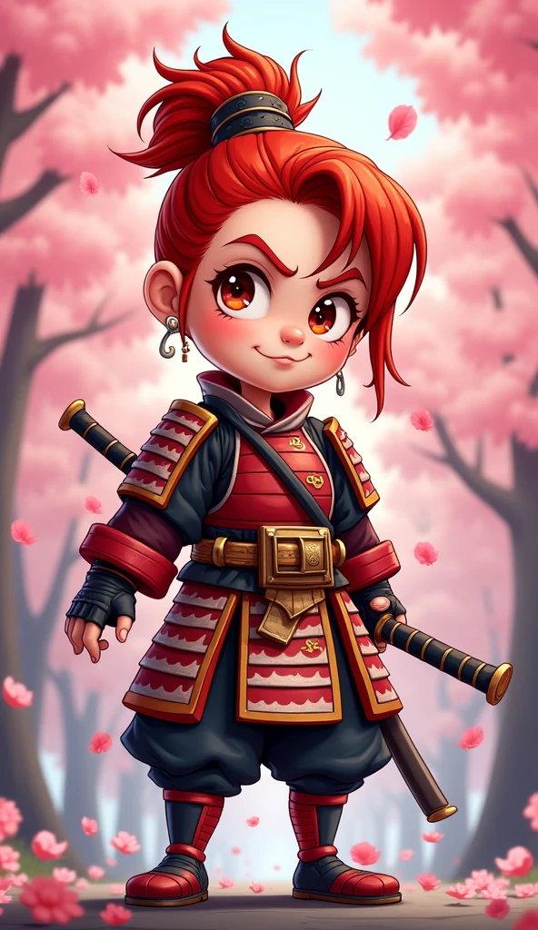 Create a proud cartoon caricature of a red hair girl as a samurai. The character should have an expressive face showing confidence and determination, with large, exaggerated features to emphasize the cartoon style. She should be dressed in traditional samurai armor, adorned with vibrant colors and intricate patterns, and holding a katana with a fierce grip. The background can feature cherry blossom trees with petals gently falling around her, adding to the cultural essence. Aim for a playful yet strong representation, capturing the spirit of a warrior while keeping a whimsical and lively tone.