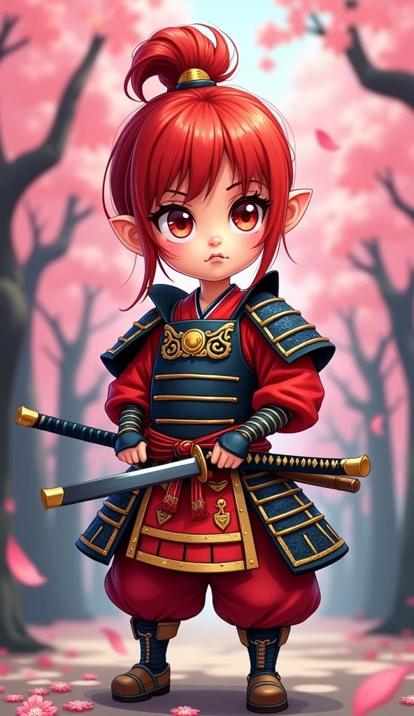 Create a proud cartoon caricature of a red hair girl as a samurai. The character should have an expressive face showing confidence and determination, with large, exaggerated features to emphasize the cartoon style. She should be dressed in traditional samurai armor, adorned with vibrant colors and intricate patterns, and holding a katana with a fierce grip. The background can feature cherry blossom trees with petals gently falling around her, adding to the cultural essence. Aim for a playful yet strong representation, capturing the spirit of a warrior while keeping a whimsical and lively tone.