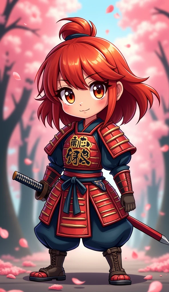 Create a proud cartoon caricature of a red hair girl as a samurai. The character should have an expressive face showing confidence and determination, with large, exaggerated features to emphasize the cartoon style. She should be dressed in traditional samurai armor, adorned with vibrant colors and intricate patterns, and holding a katana with a fierce grip. The background can feature cherry blossom trees with petals gently falling around her, adding to the cultural essence. Aim for a playful yet strong representation, capturing the spirit of a warrior while keeping a whimsical and lively tone.