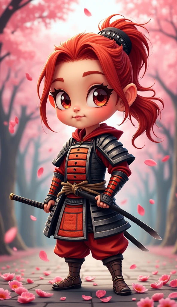 Create a proud cartoon caricature of a red hair girl as a samurai. The character should have an expressive face showing confidence and determination, with large, exaggerated features to emphasize the cartoon style. She should be dressed in traditional samurai armor, adorned with vibrant colors and intricate patterns, and holding a katana with a fierce grip. The background can feature cherry blossom trees with petals gently falling around her, adding to the cultural essence. Aim for a playful yet strong representation, capturing the spirit of a warrior while keeping a whimsical and lively tone.