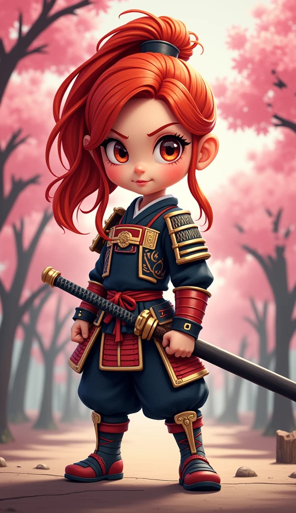 Create a proud cartoon caricature of a red hair girl as a samurai. The character should have an expressive face showing confidence and determination, with large, exaggerated features to emphasize the cartoon style. She should be dressed in traditional samurai armor, adorned with vibrant colors and intricate patterns, and holding a katana with a fierce grip. The background can feature cherry blossom trees with petals gently falling around her, adding to the cultural essence. Aim for a playful yet strong representation, capturing the spirit of a warrior while keeping a whimsical and lively tone.