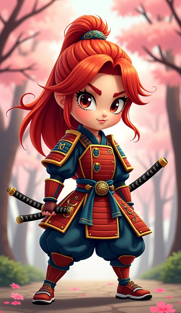 Create a proud cartoon caricature of a red hair girl as a samurai. The character should have an expressive face showing confidence and determination, with large, exaggerated features to emphasize the cartoon style. She should be dressed in traditional samurai armor, adorned with vibrant colors and intricate patterns, and holding a katana with a fierce grip. The background can feature cherry blossom trees with petals gently falling around her, adding to the cultural essence. Aim for a playful yet strong representation, capturing the spirit of a warrior while keeping a whimsical and lively tone.