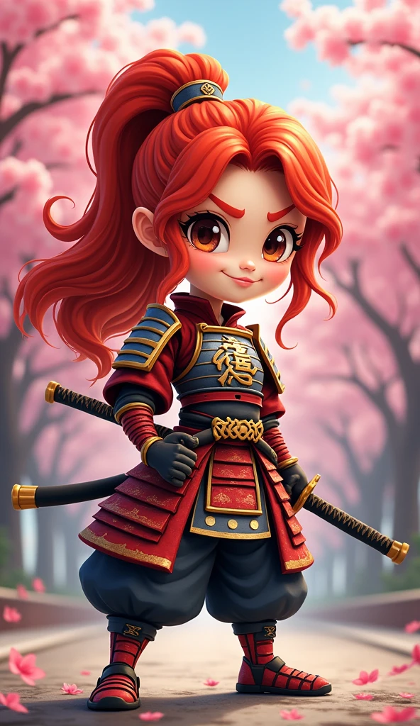 Create a proud cartoon caricature of a red hair girl as a samurai. The character should have an expressive face showing confidence and determination, with large, exaggerated features to emphasize the cartoon style. She should be dressed in traditional samurai armor, adorned with vibrant colors and intricate patterns, and holding a katana with a fierce grip. The background can feature cherry blossom trees with petals gently falling around her, adding to the cultural essence. Aim for a playful yet strong representation, capturing the spirit of a warrior while keeping a whimsical and lively tone.