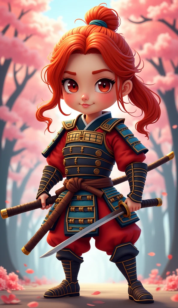 Create a proud cartoon caricature of a red hair girl as a samurai. The character should have an expressive face showing confidence and determination, with large, exaggerated features to emphasize the cartoon style. She should be dressed in traditional samurai armor, adorned with vibrant colors and intricate patterns, and holding a katana with a fierce grip. The background can feature cherry blossom trees with petals gently falling around her, adding to the cultural essence. Aim for a playful yet strong representation, capturing the spirit of a warrior while keeping a whimsical and lively tone.