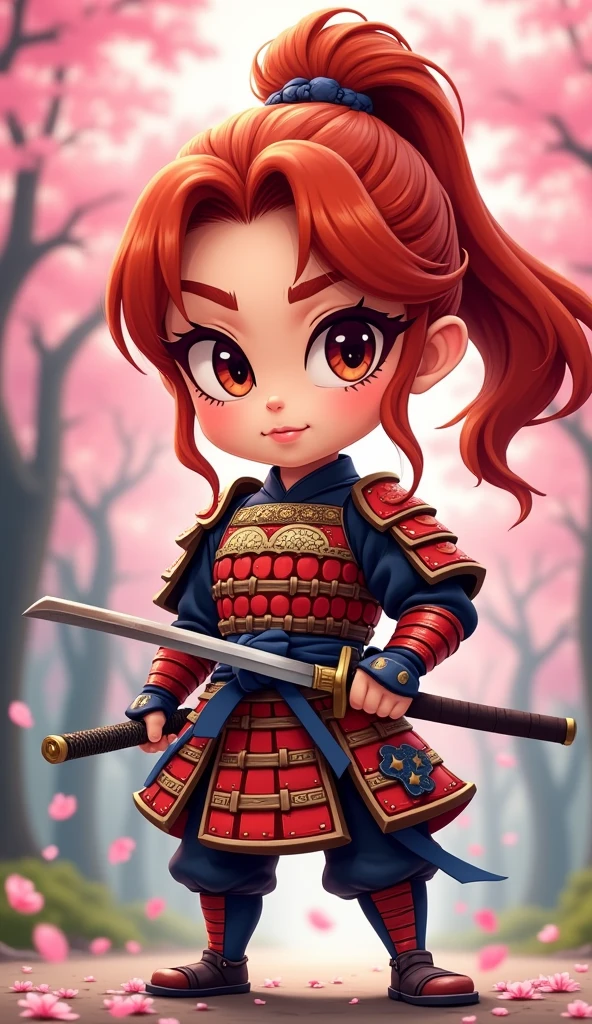 Create a proud cartoon caricature of a red hair girl as a samurai. The character should have an expressive face showing confidence and determination, with large, exaggerated features to emphasize the cartoon style. She should be dressed in traditional samurai armor, adorned with vibrant colors and intricate patterns, and holding a katana with a fierce grip. The background can feature cherry blossom trees with petals gently falling around her, adding to the cultural essence. Aim for a playful yet strong representation, capturing the spirit of a warrior while keeping a whimsical and lively tone.