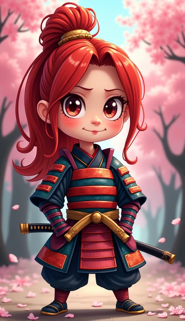 Create a proud cartoon caricature of a red hair girl as a samurai. The character should have an expressive face showing confidence and determination, with large, exaggerated features to emphasize the cartoon style. She should be dressed in traditional samurai armor, adorned with vibrant colors and intricate patterns, and holding a katana with a fierce grip. The background can feature cherry blossom trees with petals gently falling around her, adding to the cultural essence. Aim for a playful yet strong representation, capturing the spirit of a warrior while keeping a whimsical and lively tone.