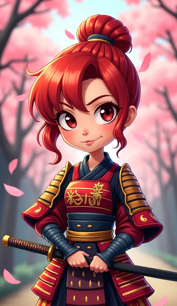 Create a proud cartoon caricature of a red hair girl as a samurai. The character should have an expressive face showing confidence and determination, with large, exaggerated features to emphasize the cartoon style. She should be dressed in traditional samurai armor, adorned with vibrant colors and intricate patterns, and holding a katana with a fierce grip. The background can feature cherry blossom trees with petals gently falling around her, adding to the cultural essence. Aim for a playful yet strong representation, capturing the spirit of a warrior while keeping a whimsical and lively tone.