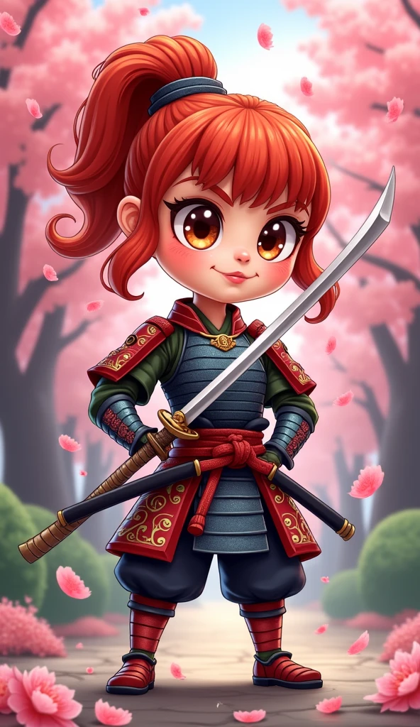 Create a proud cartoon caricature of a red hair girl as a samurai. The character should have an expressive face showing confidence and determination, with large, exaggerated features to emphasize the cartoon style. She should be dressed in traditional samurai armor, adorned with vibrant colors and intricate patterns, and holding a katana with a fierce grip. The background can feature cherry blossom trees with petals gently falling around her, adding to the cultural essence. Aim for a playful yet strong representation, capturing the spirit of a warrior while keeping a whimsical and lively tone.