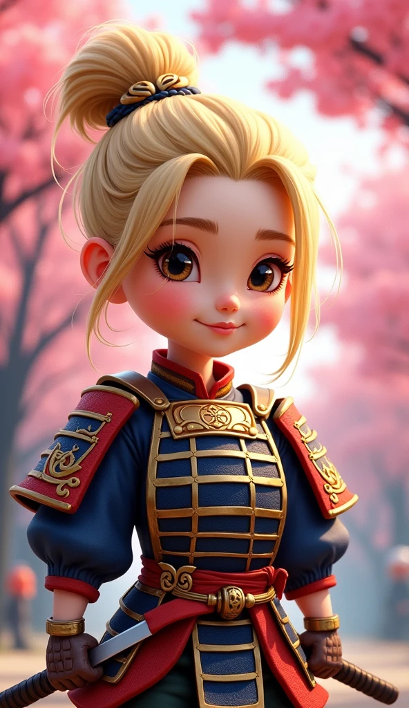 Create a proud cartoon caricature of a blond girl as a samurai. The character should have an expressive face showing confidence and determination, with large, exaggerated features to emphasize the cartoon style. She should be dressed in traditional samurai armor, adorned with vibrant colors and intricate patterns, and holding a katana with a fierce grip. The background can feature cherry blossom trees with petals gently falling around her, adding to the cultural essence. Aim for a playful yet strong representation, capturing the spirit of a warrior while keeping a whimsical and lively tone.