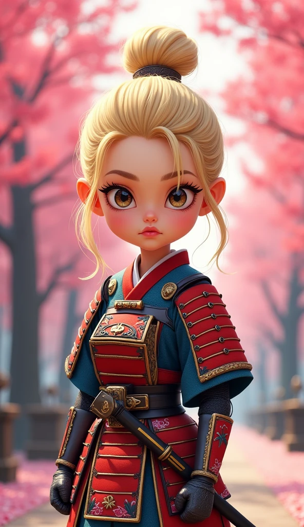 Create a proud cartoon caricature of a blond girl as a samurai. The character should have an expressive face showing confidence and determination, with large, exaggerated features to emphasize the cartoon style. She should be dressed in traditional samurai armor, adorned with vibrant colors and intricate patterns, and holding a katana with a fierce grip. The background can feature cherry blossom trees with petals gently falling around her, adding to the cultural essence. Aim for a playful yet strong representation, capturing the spirit of a warrior while keeping a whimsical and lively tone.