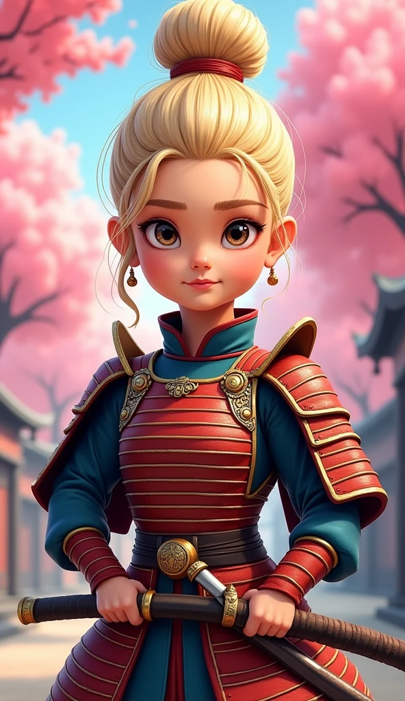 Create a proud cartoon caricature of a blond girl as a samurai. The character should have an expressive face showing confidence and determination, with large, exaggerated features to emphasize the cartoon style. She should be dressed in traditional samurai armor, adorned with vibrant colors and intricate patterns, and holding a katana with a fierce grip. The background can feature cherry blossom trees with petals gently falling around her, adding to the cultural essence. Aim for a playful yet strong representation, capturing the spirit of a warrior while keeping a whimsical and lively tone.