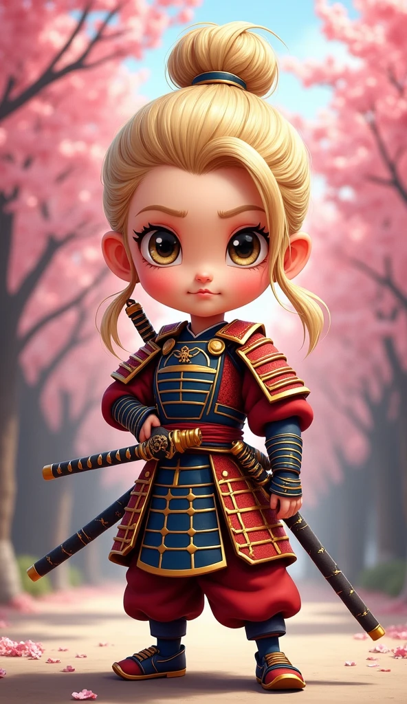 Create a proud cartoon caricature of a blond girl as a samurai. The character should have an expressive face showing confidence and determination, with large, exaggerated features to emphasize the cartoon style. She should be dressed in traditional samurai armor, adorned with vibrant colors and intricate patterns, and holding a katana with a fierce grip. The background can feature cherry blossom trees with petals gently falling around her, adding to the cultural essence. Aim for a playful yet strong representation, capturing the spirit of a warrior while keeping a whimsical and lively tone.