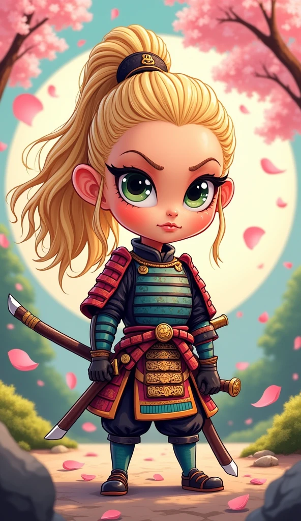 Create a proud cartoon caricature of a blond girl as a samurai. The character should have an expressive face showing confidence and determination, with large, exaggerated features to emphasize the cartoon style. She should be dressed in traditional samurai armor, adorned with vibrant colors and intricate patterns, and holding a katana with a fierce grip. The background can feature cherry blossom trees with petals gently falling around her, adding to the cultural essence. Aim for a playful yet strong representation, capturing the spirit of a warrior while keeping a whimsical and lively tone.