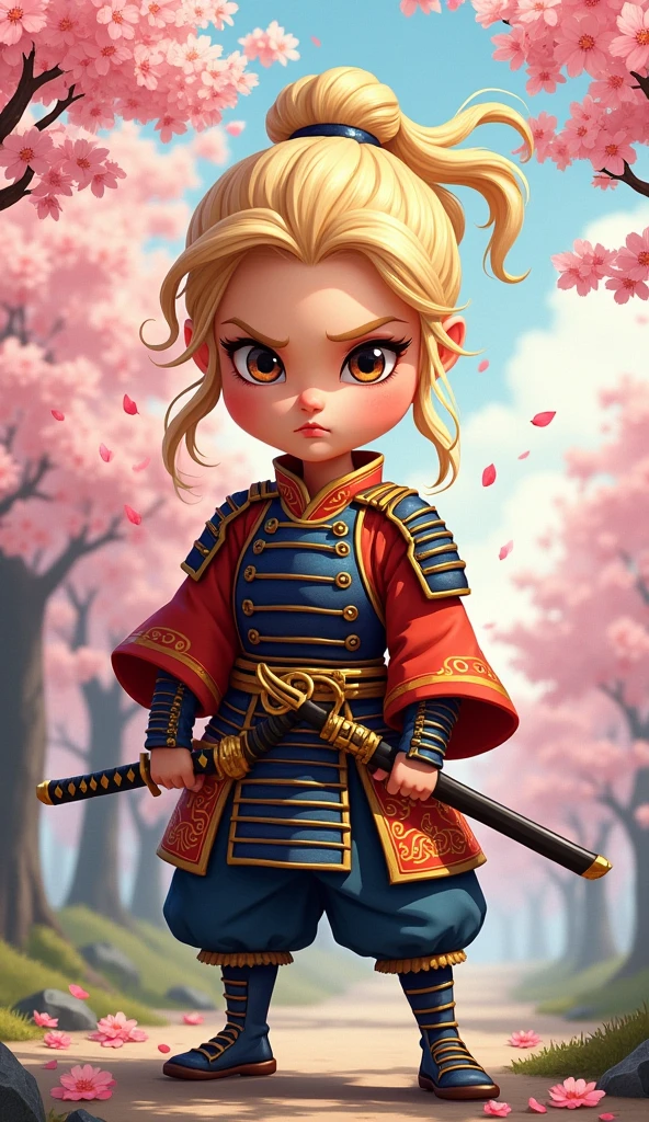 Create a proud cartoon caricature of a blond girl as a samurai. The character should have an expressive face showing confidence and determination, with large, exaggerated features to emphasize the cartoon style. She should be dressed in traditional samurai armor, adorned with vibrant colors and intricate patterns, and holding a katana with a fierce grip. The background can feature cherry blossom trees with petals gently falling around her, adding to the cultural essence. Aim for a playful yet strong representation, capturing the spirit of a warrior while keeping a whimsical and lively tone.