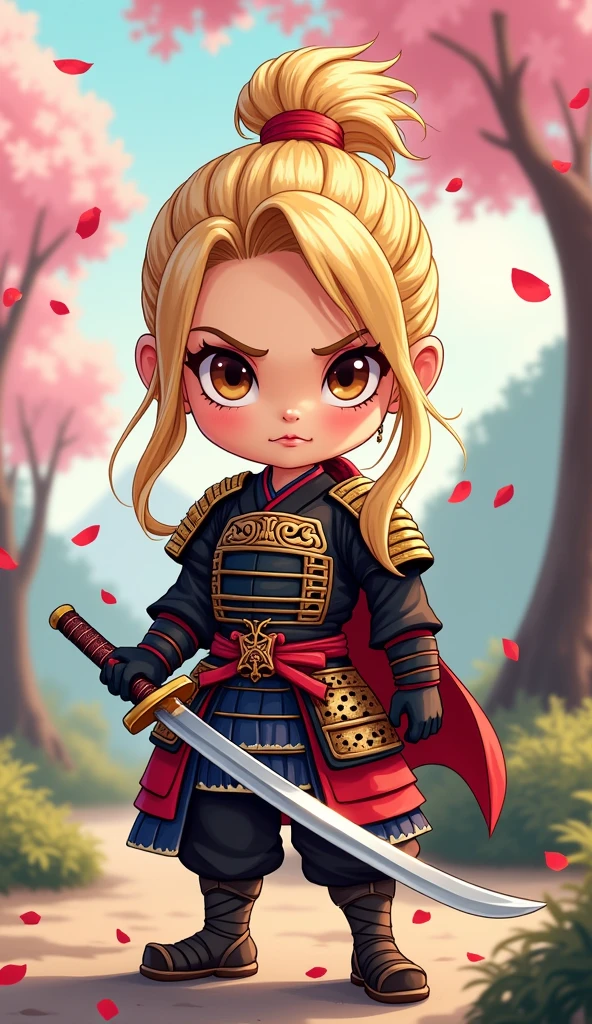 Create a proud cartoon caricature of a blond girl as a samurai. The character should have an expressive face showing confidence and determination, with large, exaggerated features to emphasize the cartoon style. She should be dressed in traditional samurai armor, adorned with vibrant colors and intricate patterns, and holding a katana with a fierce grip. The background can feature cherry blossom trees with petals gently falling around her, adding to the cultural essence. Aim for a playful yet strong representation, capturing the spirit of a warrior while keeping a whimsical and lively tone.