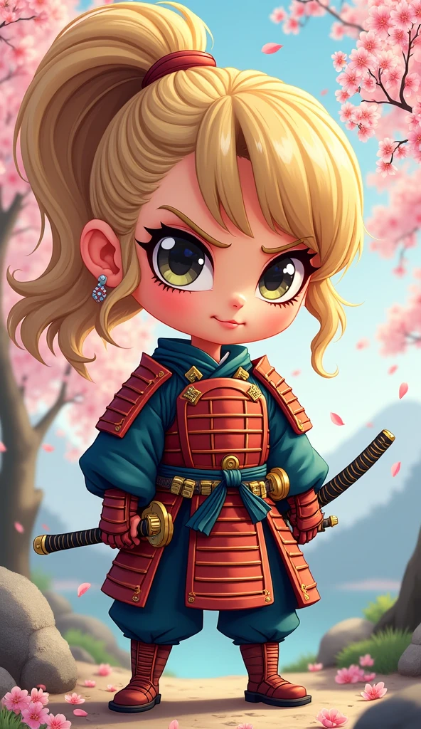 Create a proud cartoon caricature of a blond girl as a samurai. The character should have an expressive face showing confidence and determination, with large, exaggerated features to emphasize the cartoon style. She should be dressed in traditional samurai armor, adorned with vibrant colors and intricate patterns, and holding a katana with a fierce grip. The background can feature cherry blossom trees with petals gently falling around her, adding to the cultural essence. Aim for a playful yet strong representation, capturing the spirit of a warrior while keeping a whimsical and lively tone.